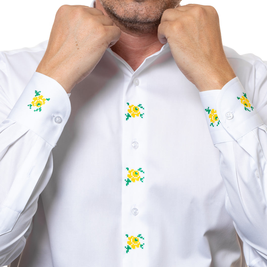Men's casual white traditional shirt with green-yellow embroidery Merer