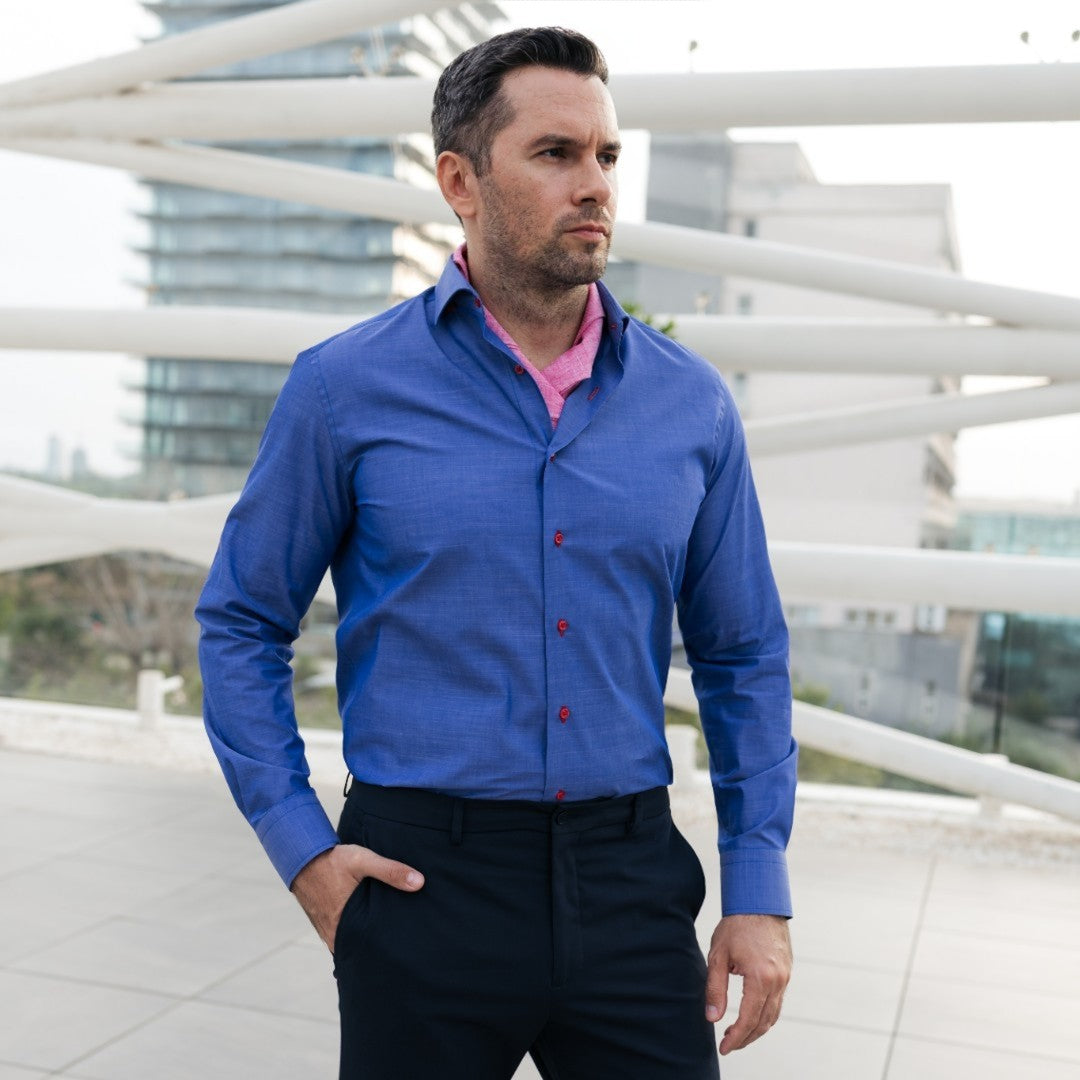 Camasa barbati albastra casual cu nasturi rosii Merer