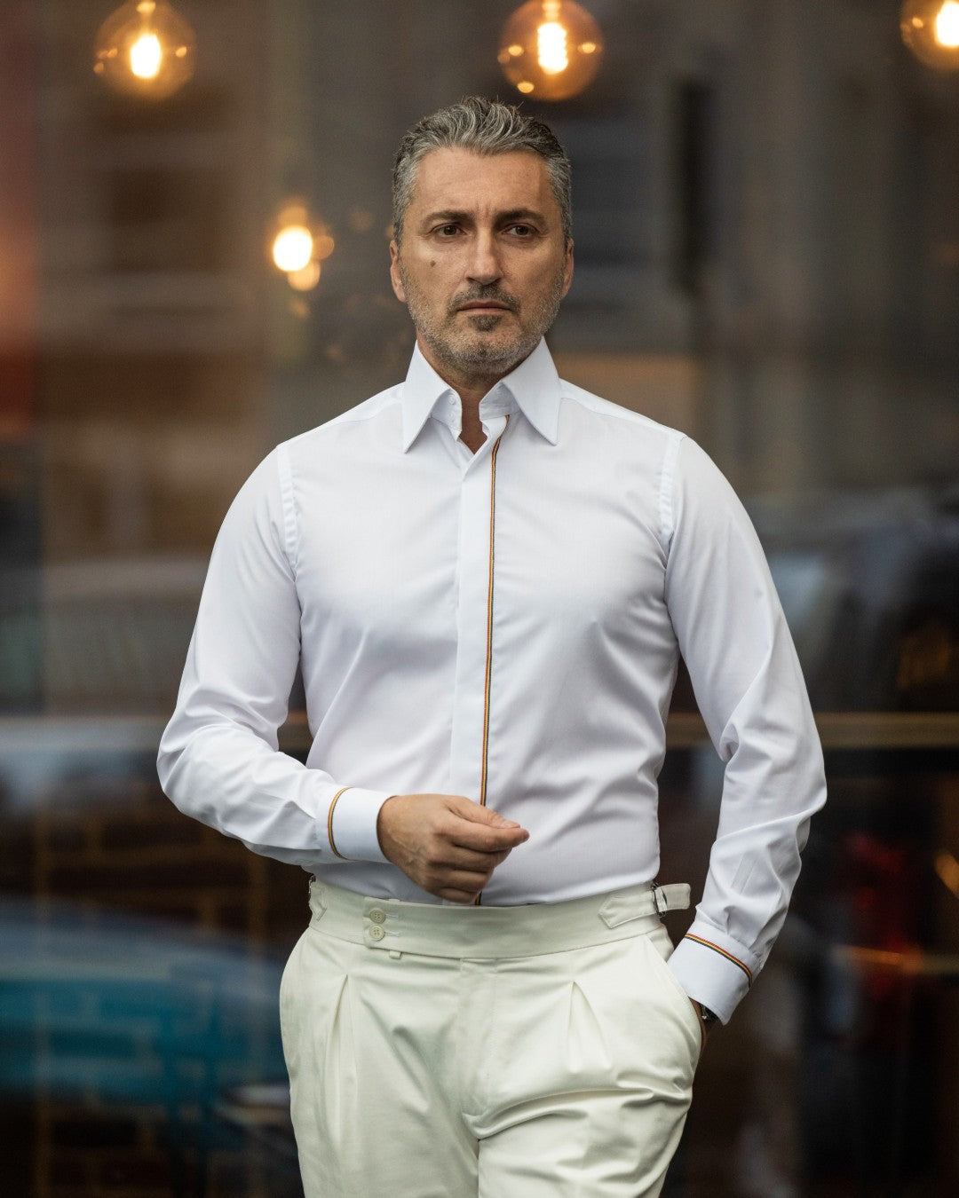 Men's casual white shirt with tricolor motifs Merer