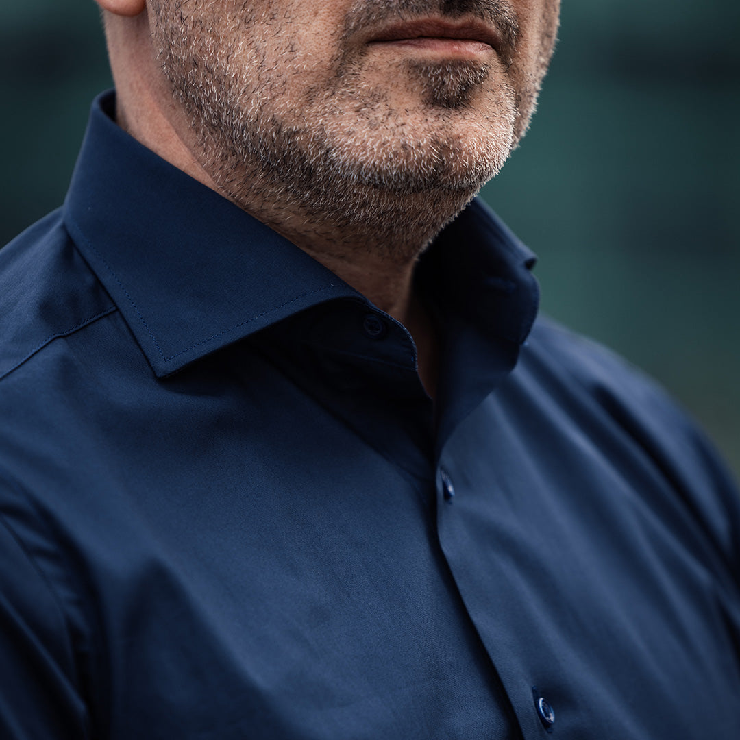 Casual navy blue plain shirt with color-matched buttons