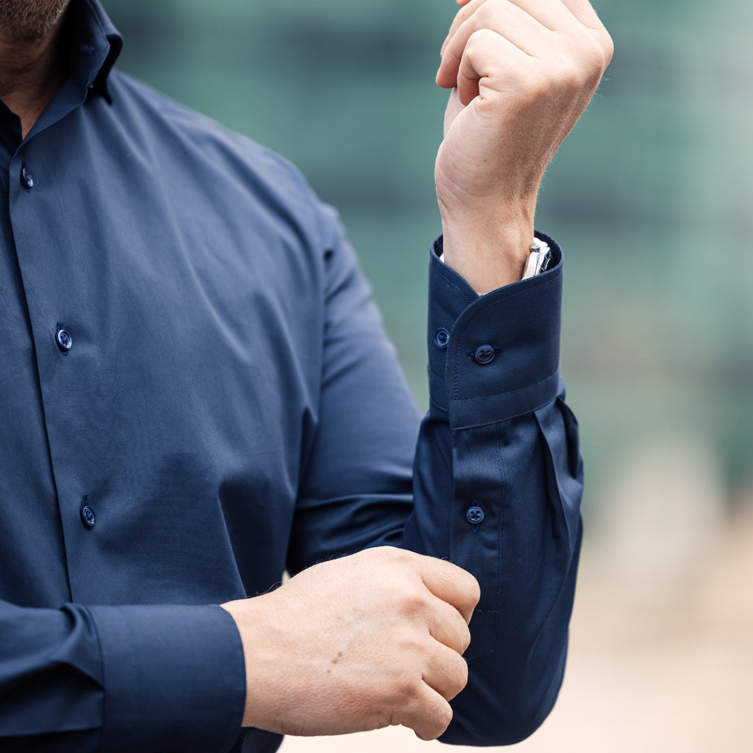 Casual navy blue plain shirt with color-matched buttons