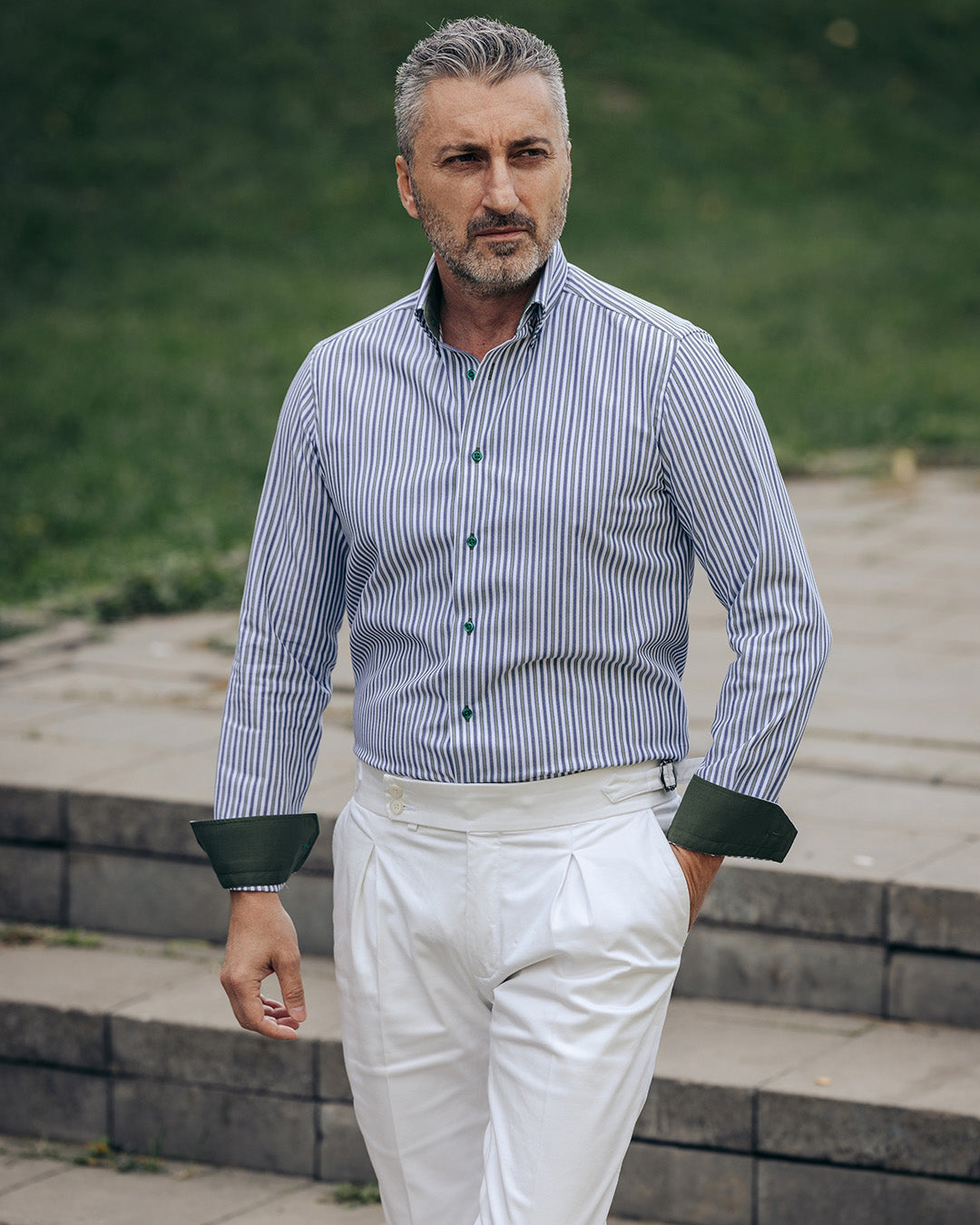 Men's shirt in green - blue stripes casual Merer