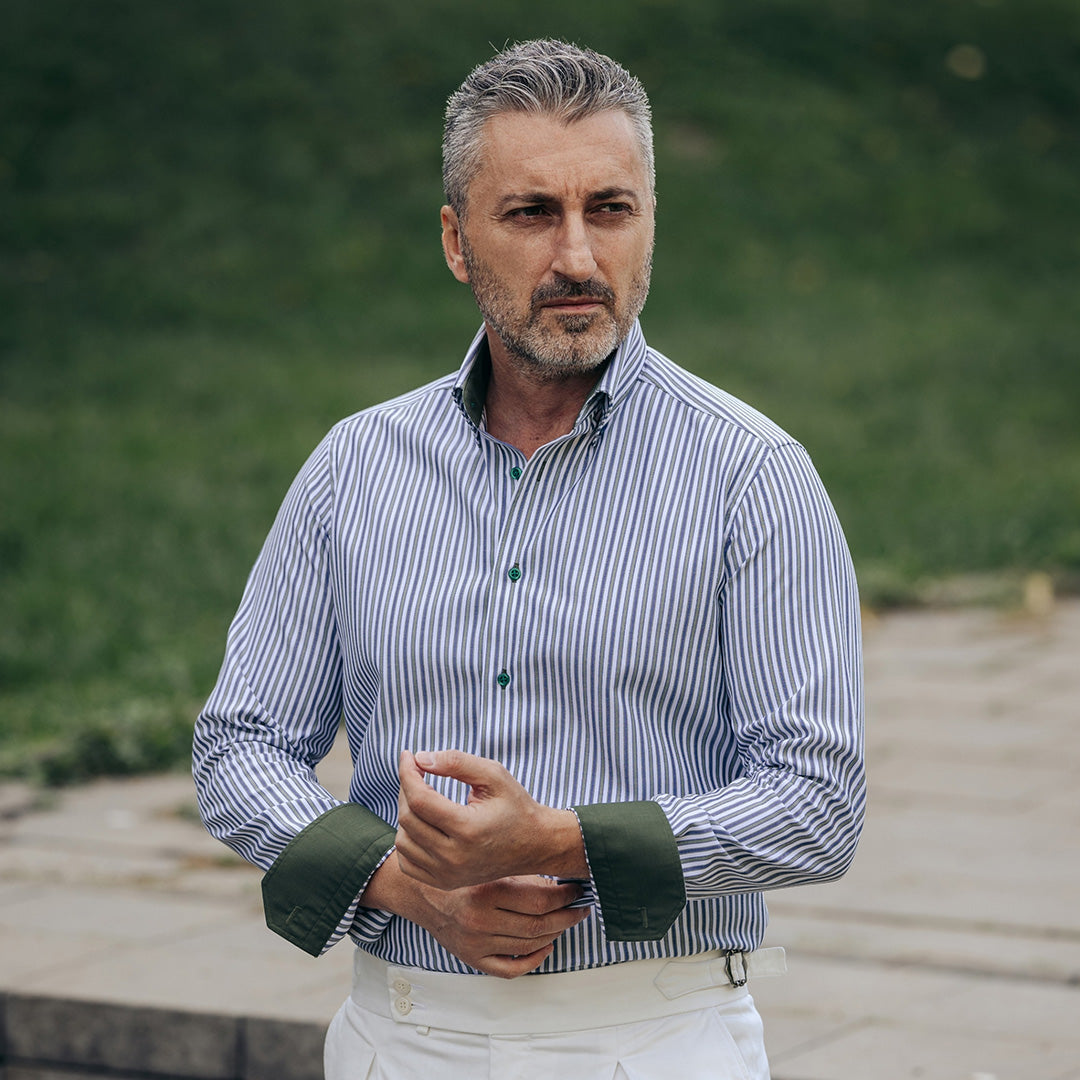 Men's shirt in green - blue stripes casual Merer