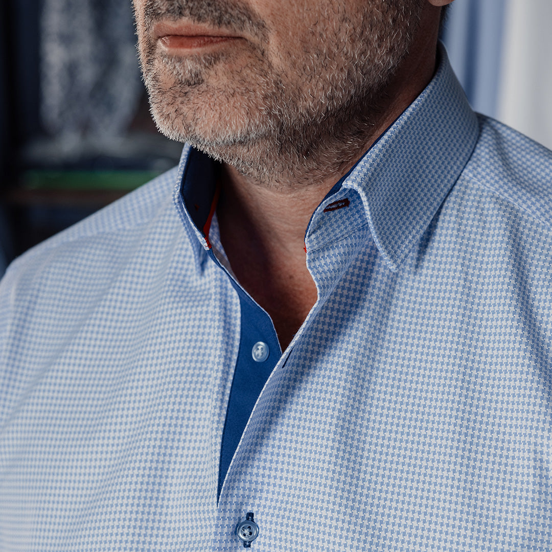 Camasa barbati business casual bleu pied de coq cu detalii design Merer