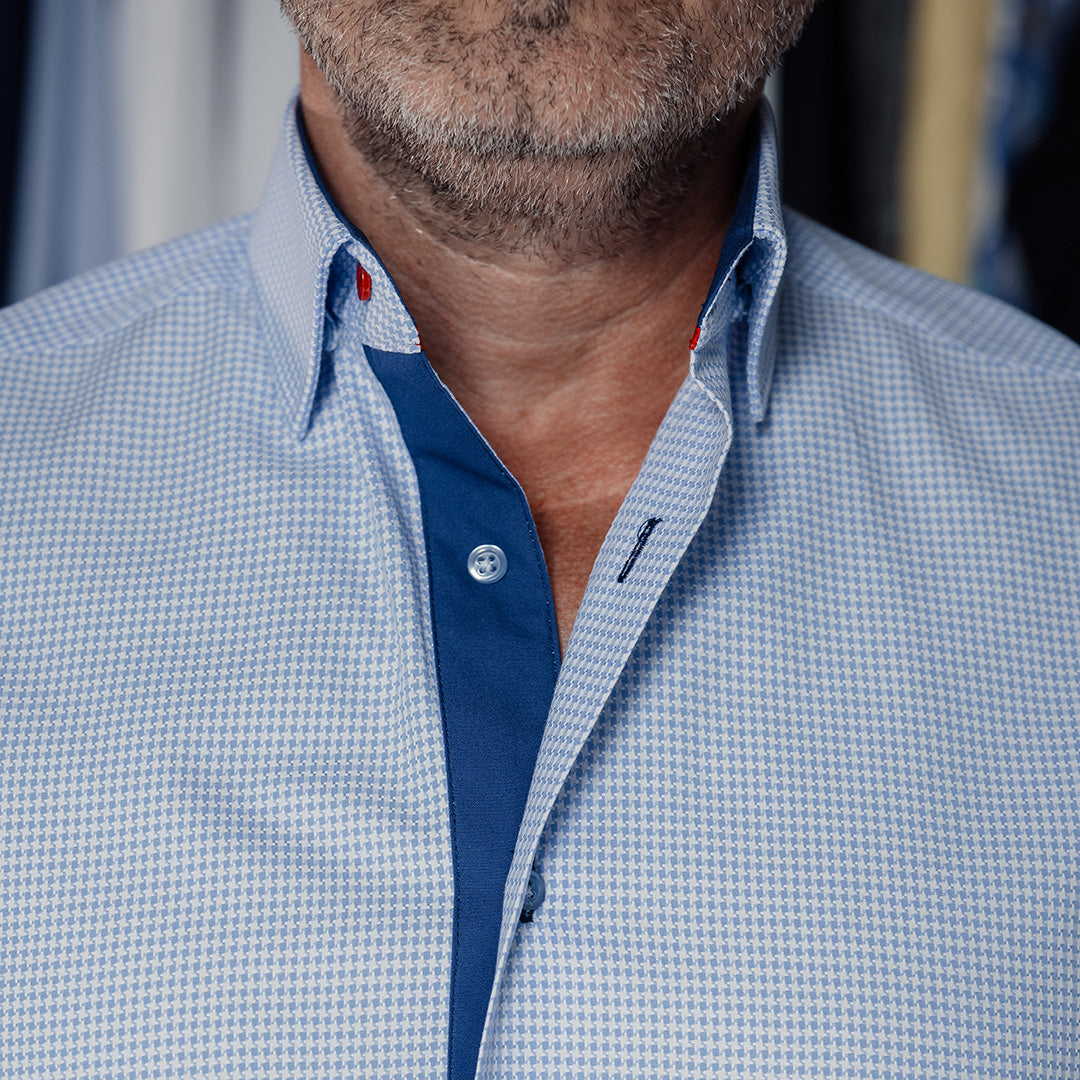 Camasa barbati business casual bleu pied de coq cu detalii design Merer