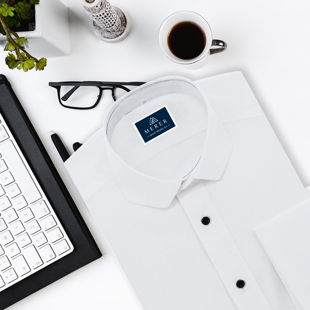 Camasa barbati alba ceremonie cu guler taiat si mansete butoni Merer