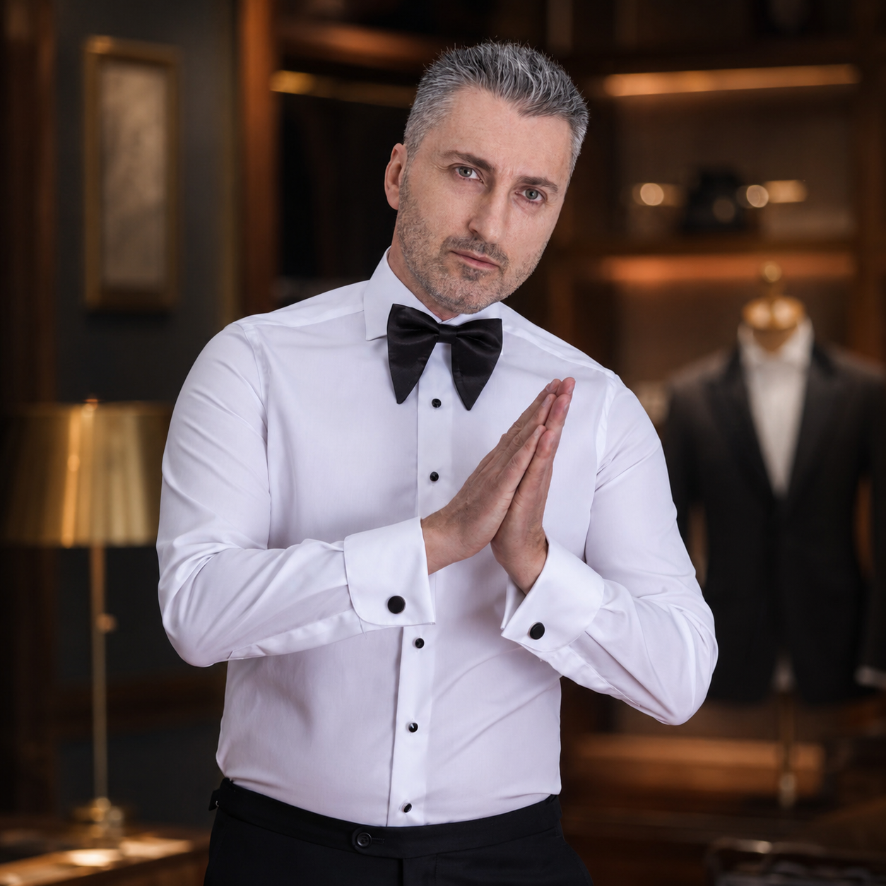 Camasa barbati alba ceremonie cu nasturi negri cu piciorus Merer