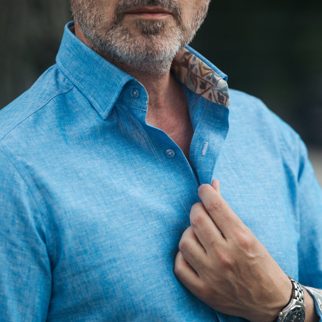 Men's casual shirt in navy-turquoise IN with Merer trims