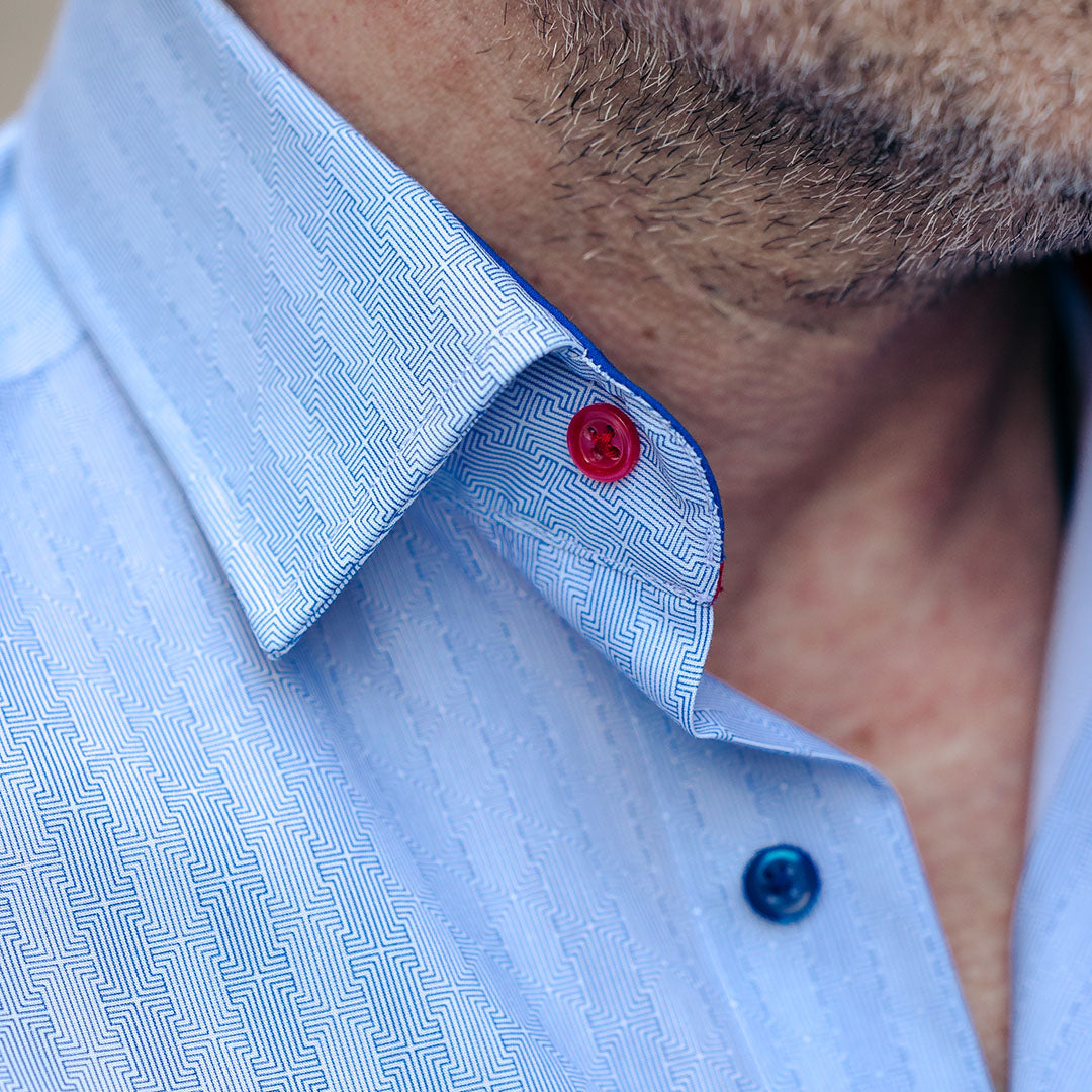 Camasa barbati bleu cu model fin si detalii de design casual Merer