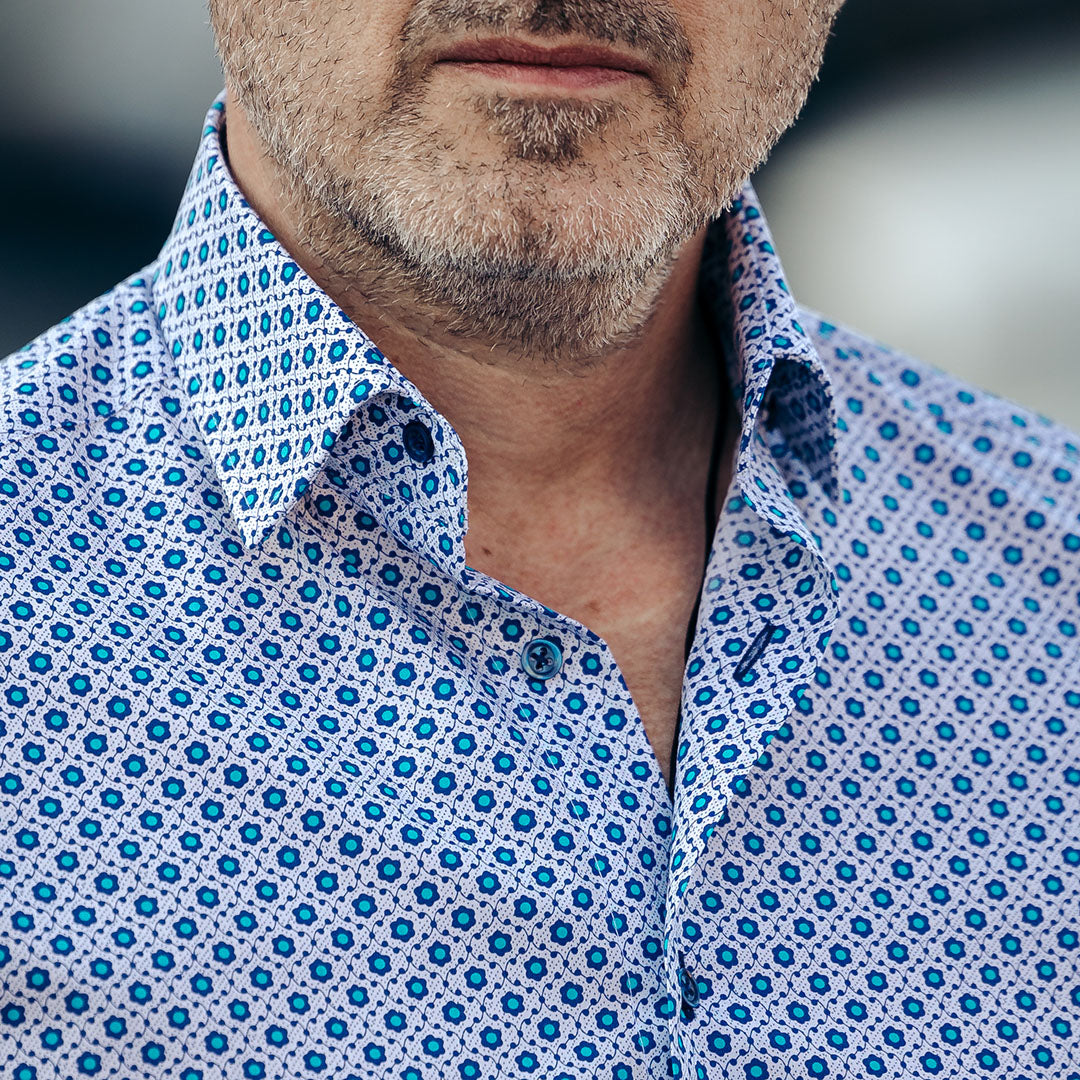 Men's blue shirt with all-over casual pattern and Merer print