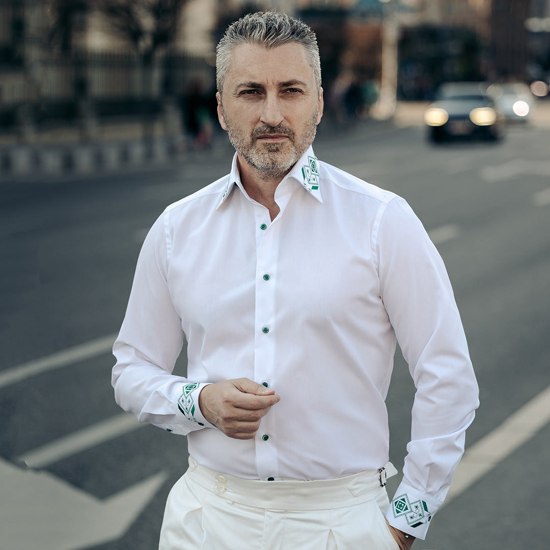 Camasa barbati casual traditionala cu model brodat verde Merer