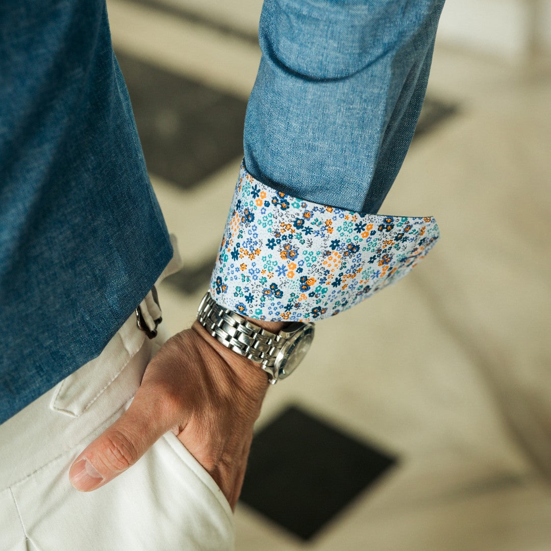 Camasa barbati casual bleu denim cu garnituri florale Merer