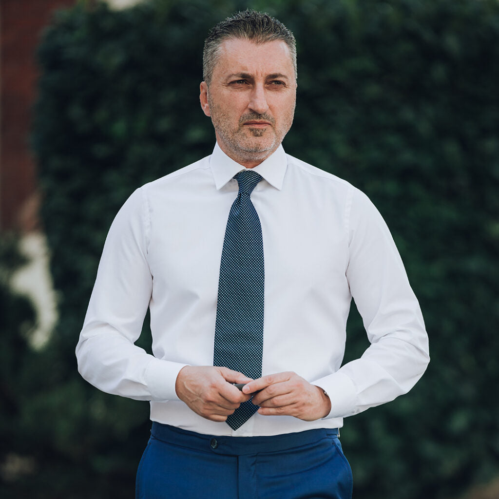 Camasa barbati alba cu guler smart si mansete tesite Merer