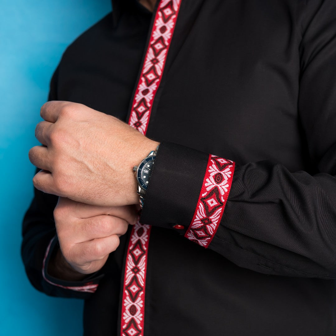 Men's casual black shirt with traditional red motifs Merer