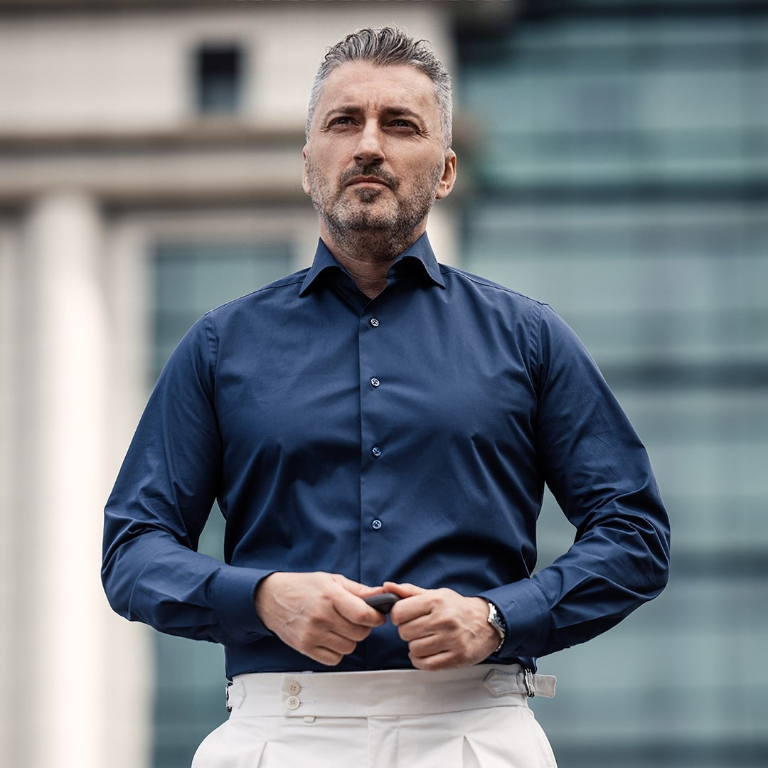 Casual navy blue plain shirt with color-matched buttons
