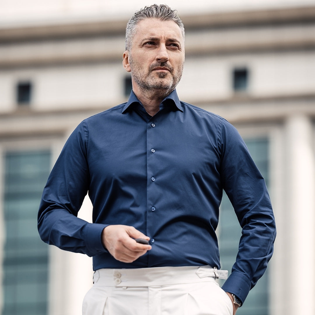 Casual navy blue plain shirt with color-matched buttons