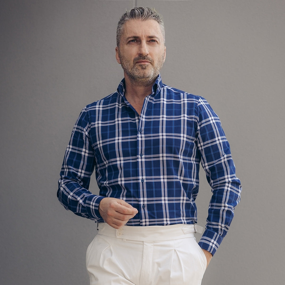 Camasa barbati in carouri bleumarin casual Merer