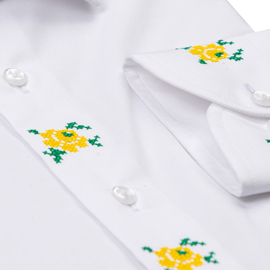 Camasa barbati casual alba traditionala brodata verde-galben Merer