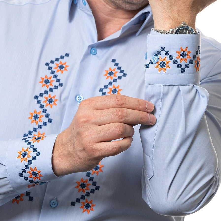 Men's casual blue shirt with traditional motifs and Merer embroidery