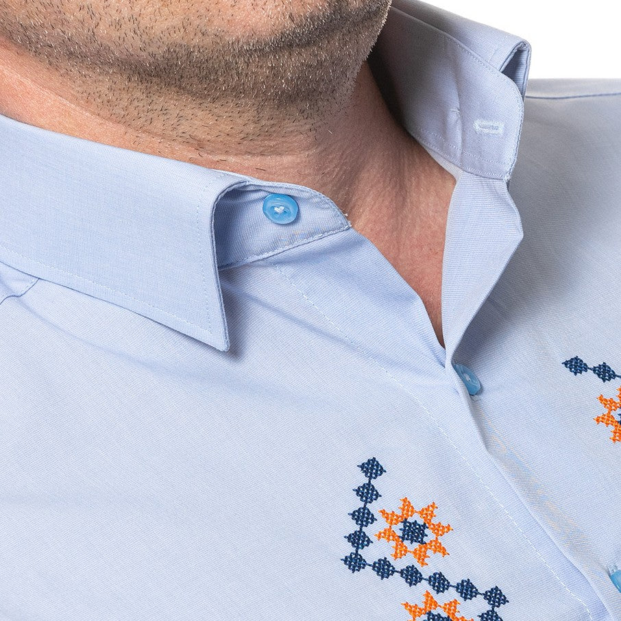 Men's casual blue shirt with traditional motifs and Merer embroidery
