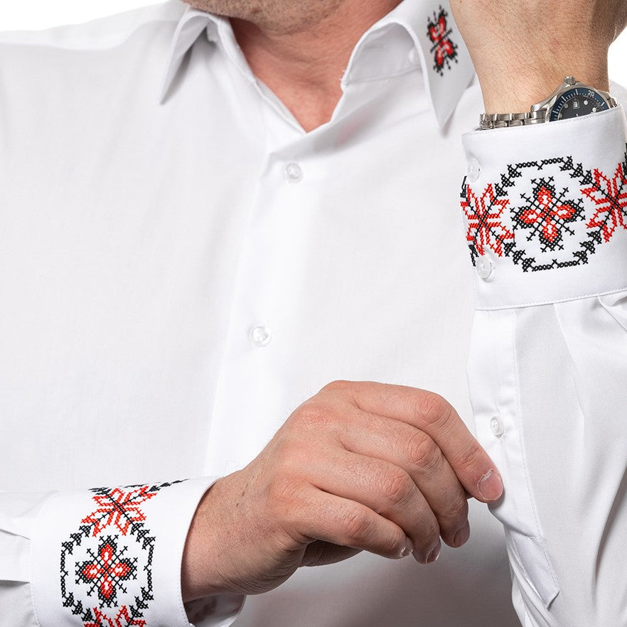 Men's casual white shirt with traditional motifs and Merer embroidery