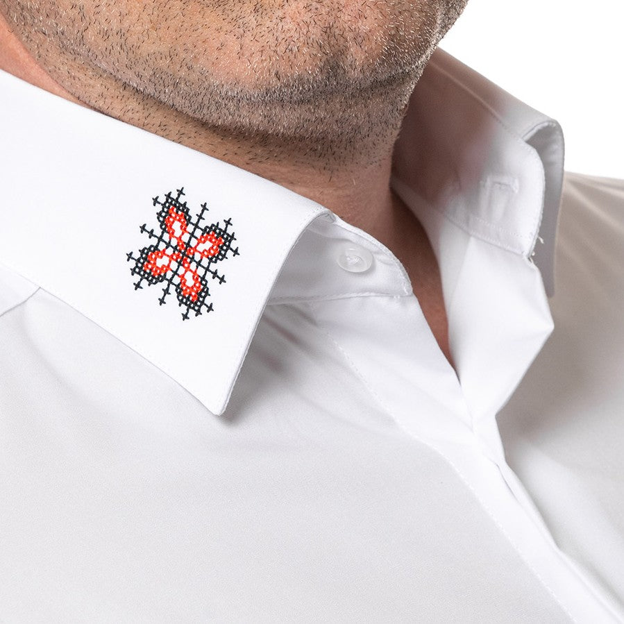 Men's casual white shirt with traditional motifs and Merer embroidery