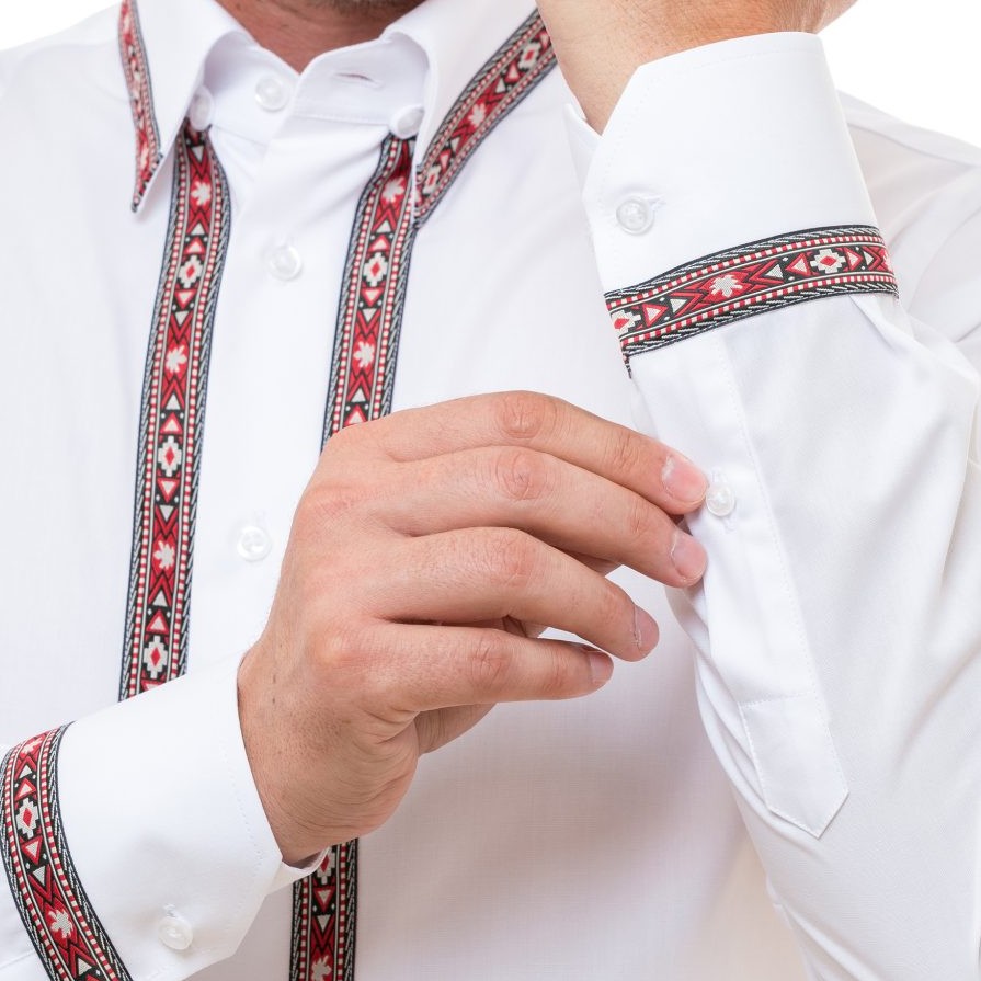 Camasa barbati casual alba motive traditionale rosii-negre Merer