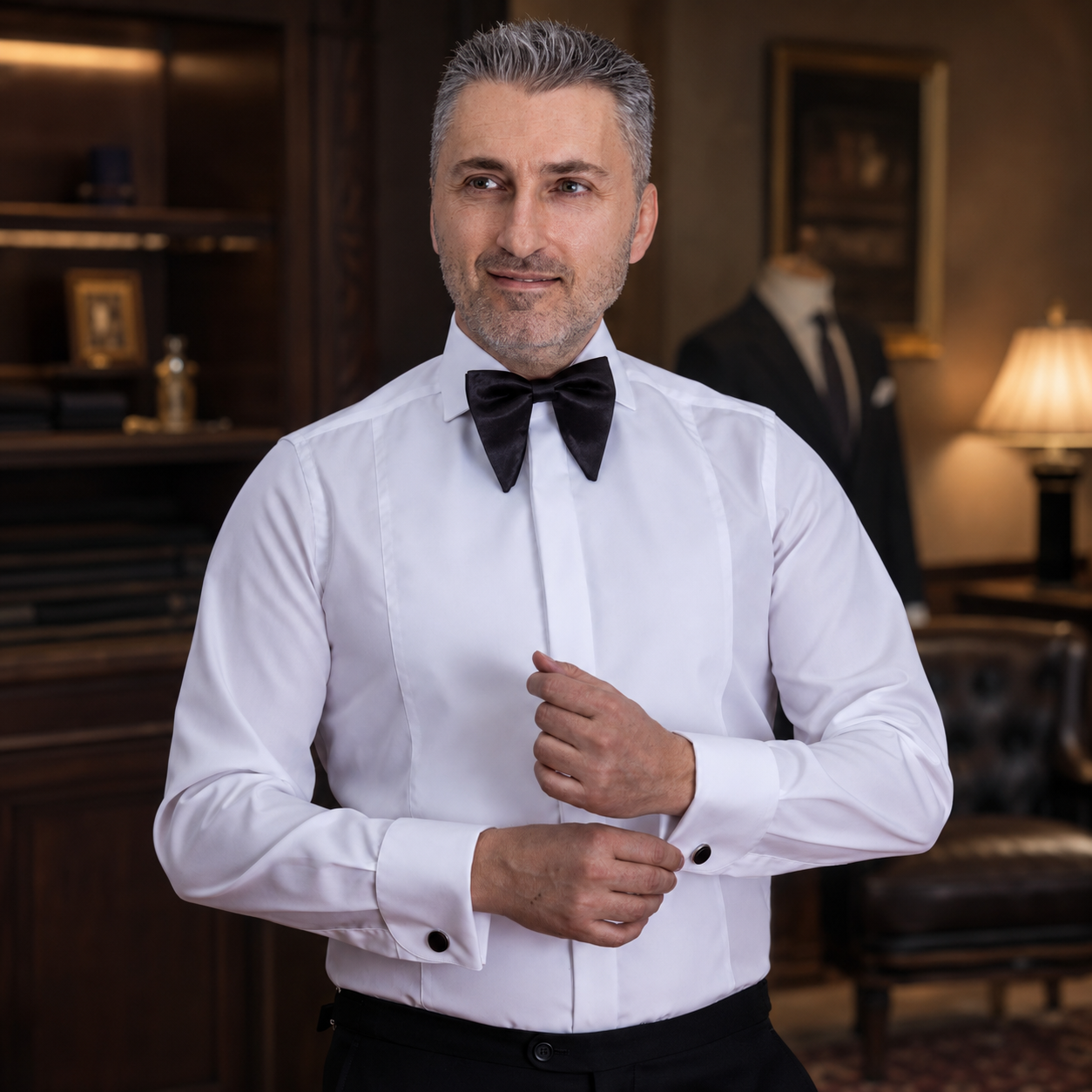 Camasa barbati alba ceremonie cu plastron lung Merer