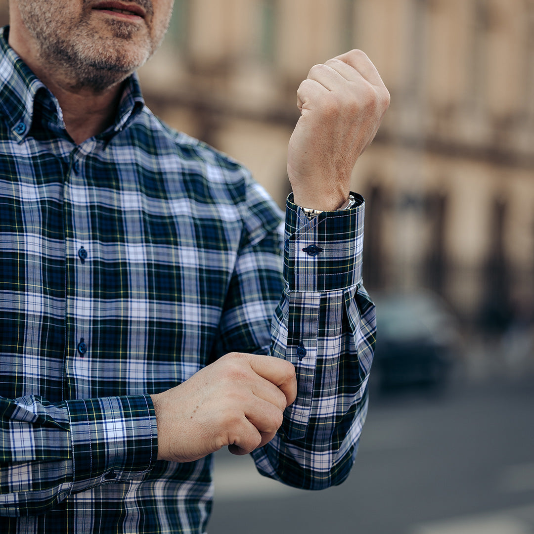Men's casual shirt in navy blue and green Merer plaid
