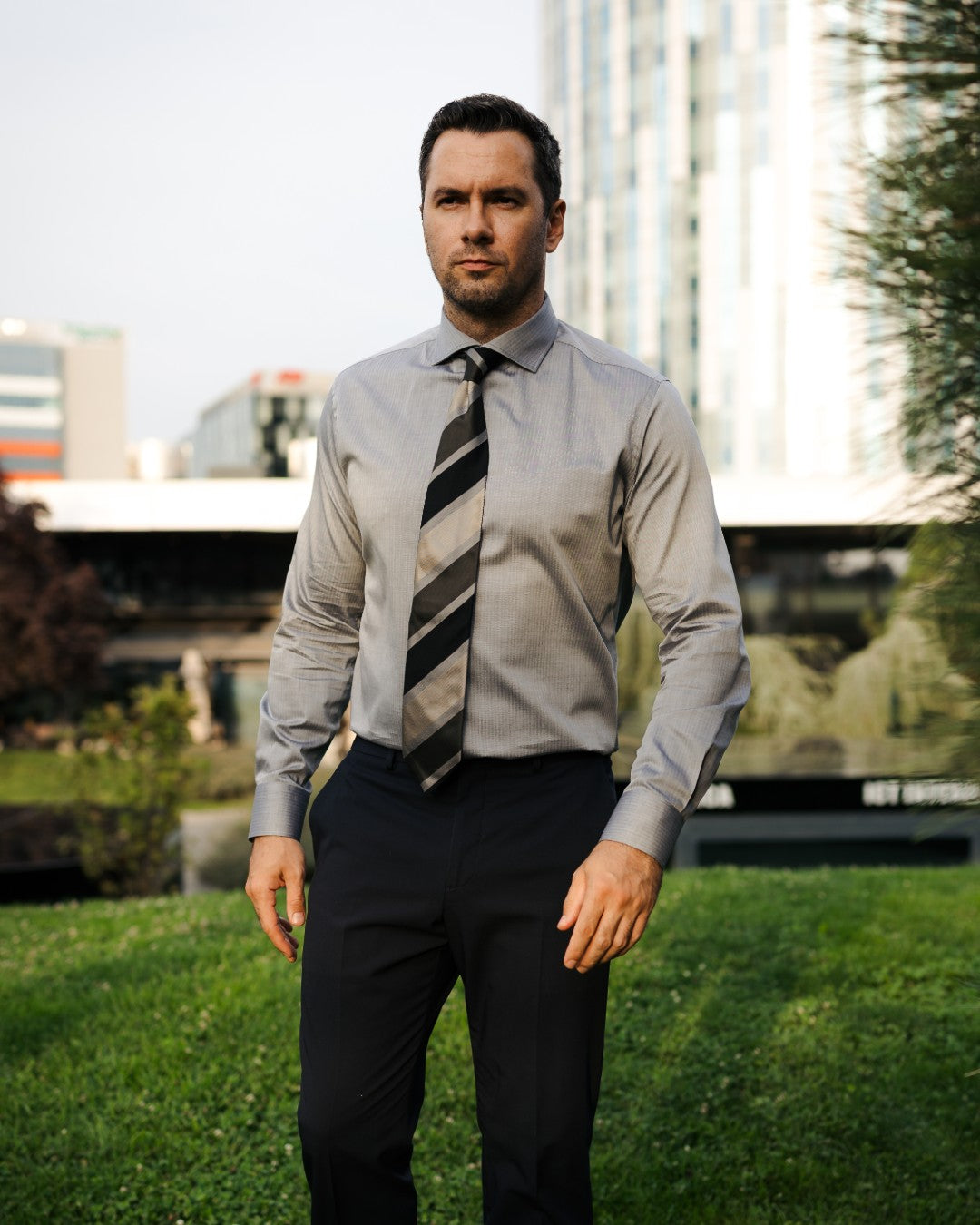 Camasa barbati business gri Herringbone Merer