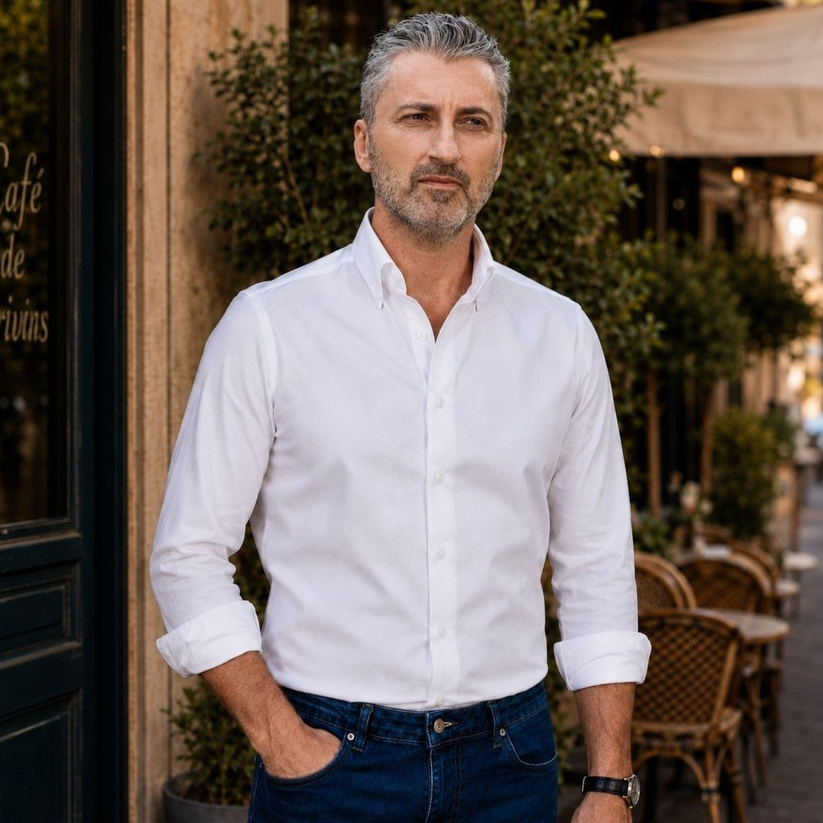 Camasa barbati alba casual cu guler cu nasturi Merer