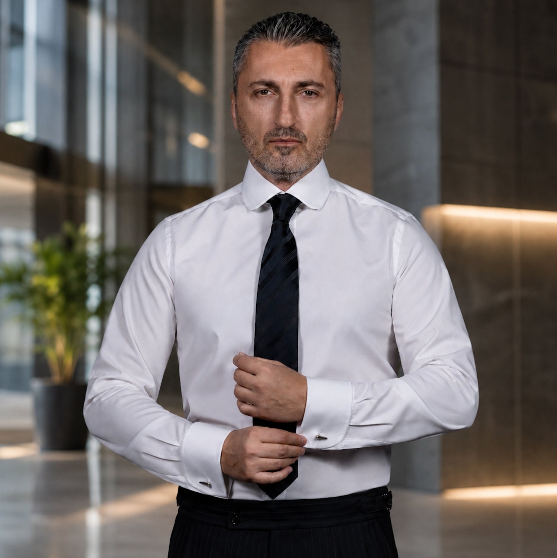 Men's white shirt, round collar, double cuffs, Merer