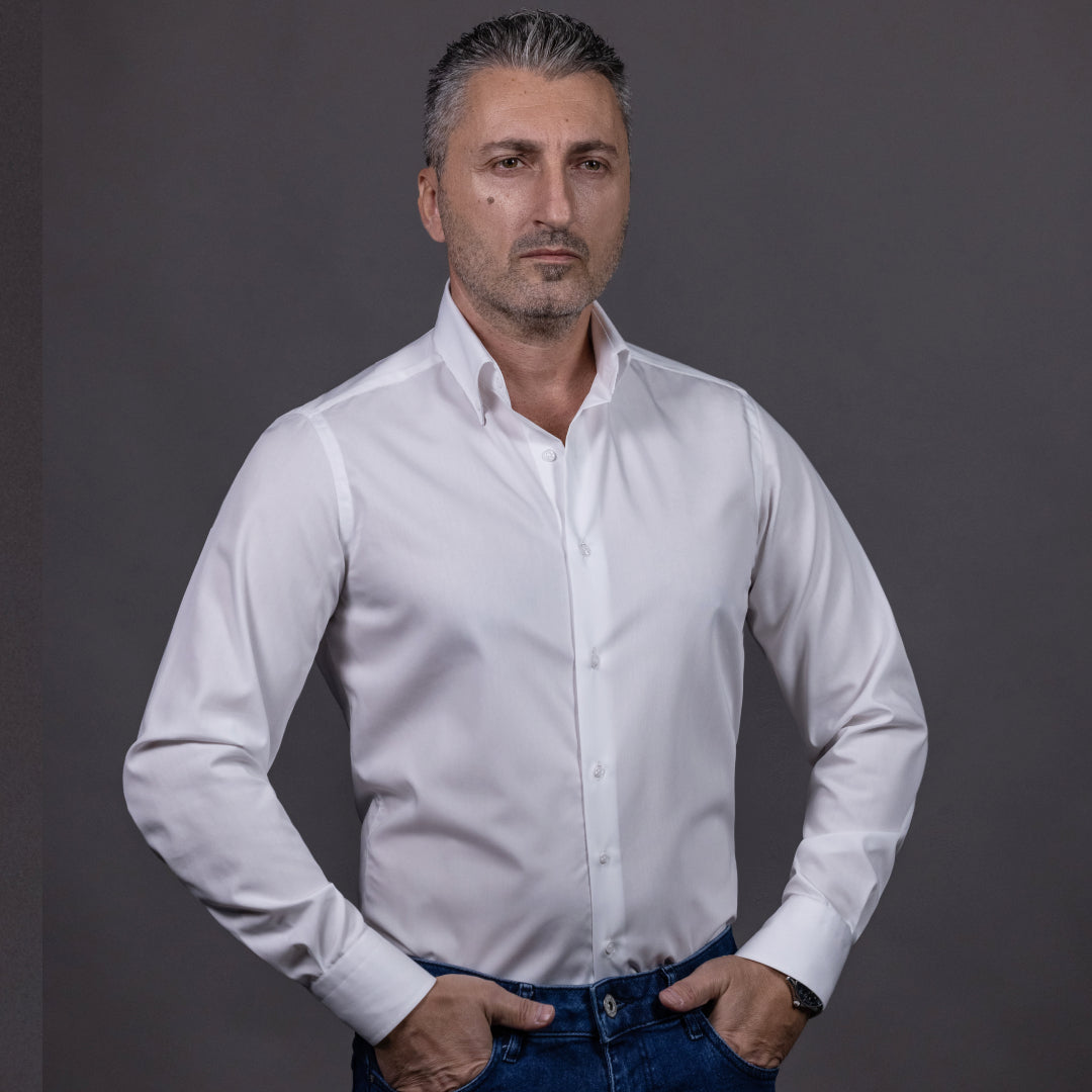 Camasa barbati alba casual cu guler cu nasturi Merer