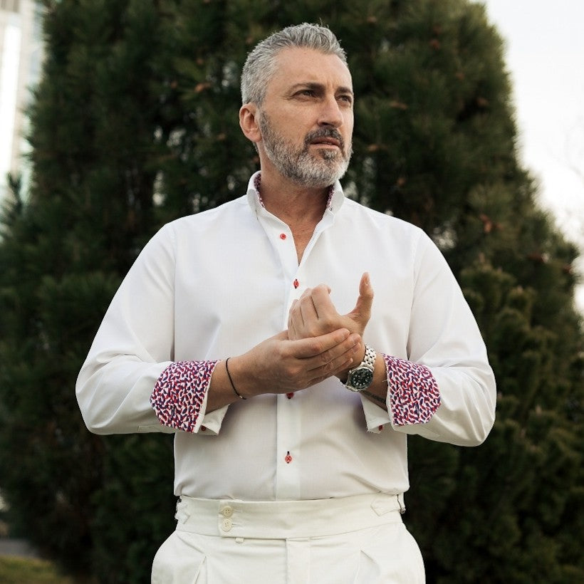 Camasa barbati alba business casual cu garnituri rosu bleumarin Merer