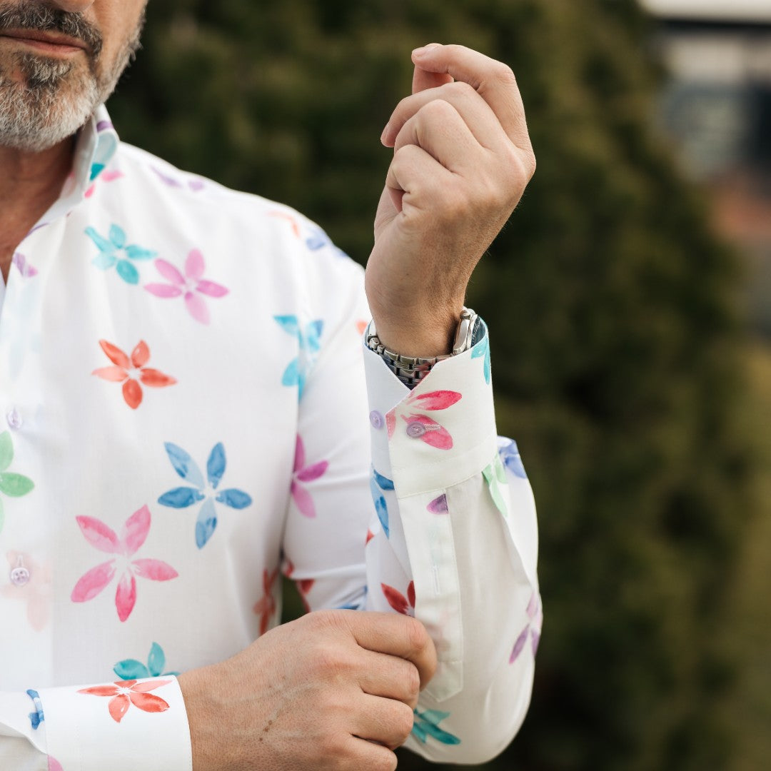 Camasa barbati casual alba imprimeu cu flori multicolore Merer