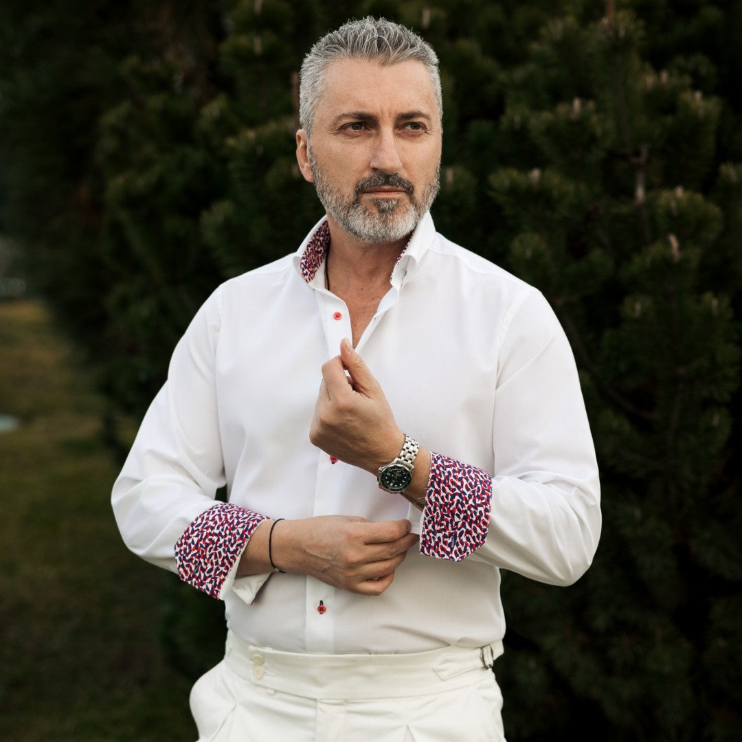 Camasa barbati alba business casual cu garnituri rosu bleumarin Merer