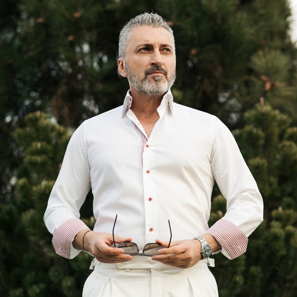 Camasa barbati alba business casual cu garnituri in contrast Merer