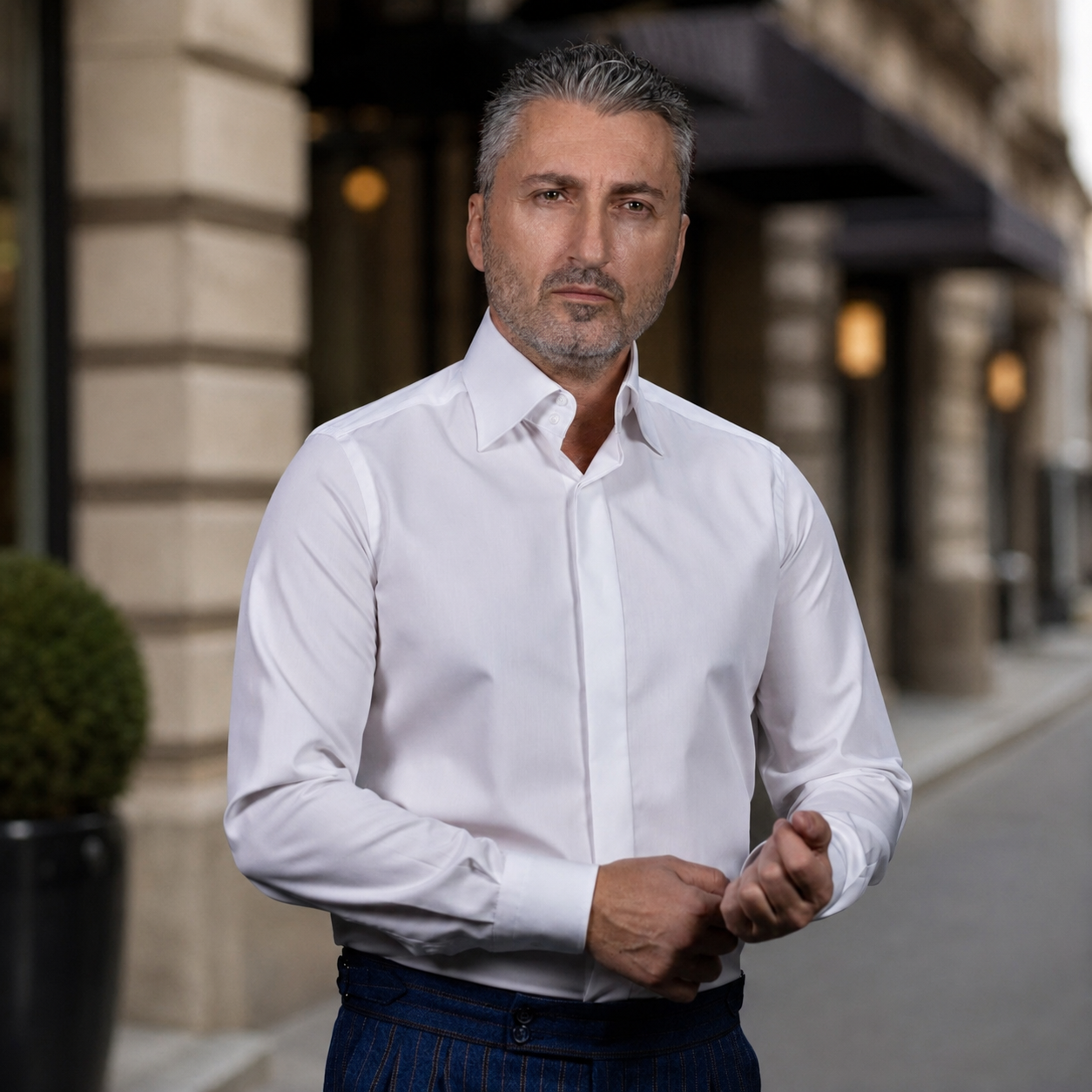 Men's white shirt with high collar, beveled cuffs, Merer buttons
