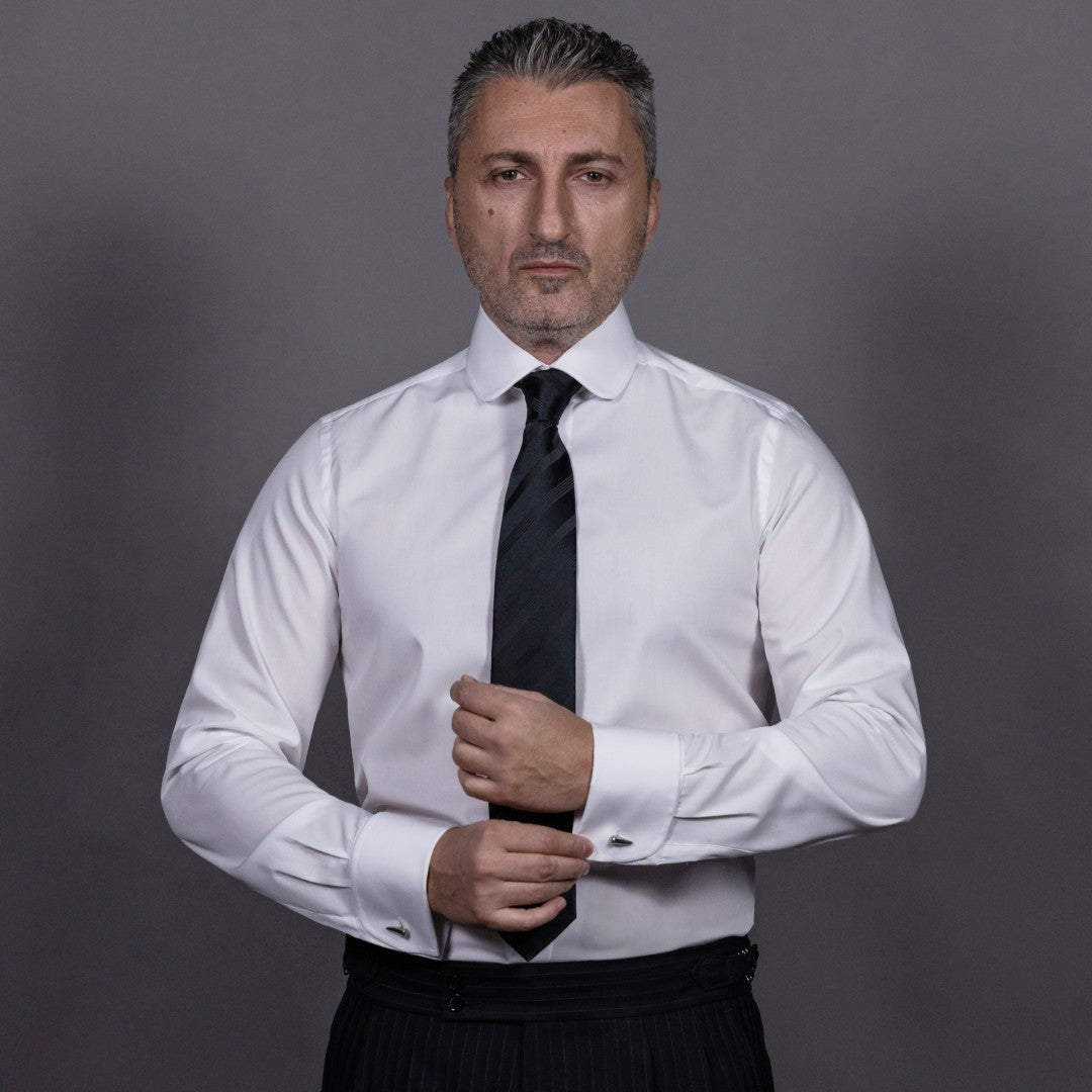 Camasa barbati alba guler rotund manseta dubla butoni Merer