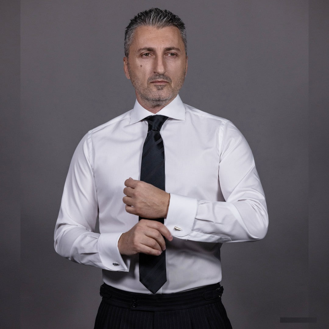 Camasa barbati alba cu guler open mansete duble butoni Merer