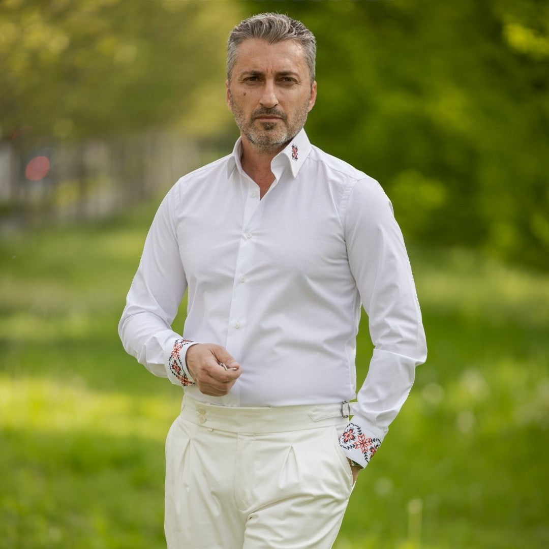 Men's casual white shirt with traditional motifs and Merer embroidery