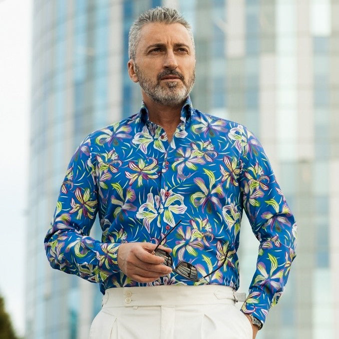 Camasa barbati casual imprimeu albastra cu flori mari Merer