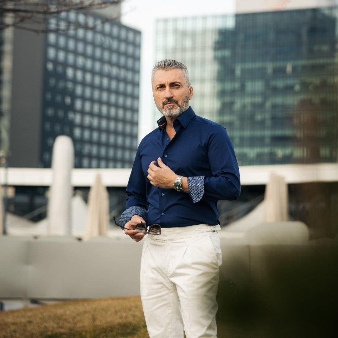 Camasa barbati casual bleumarin cu garnituri in contrast Merer