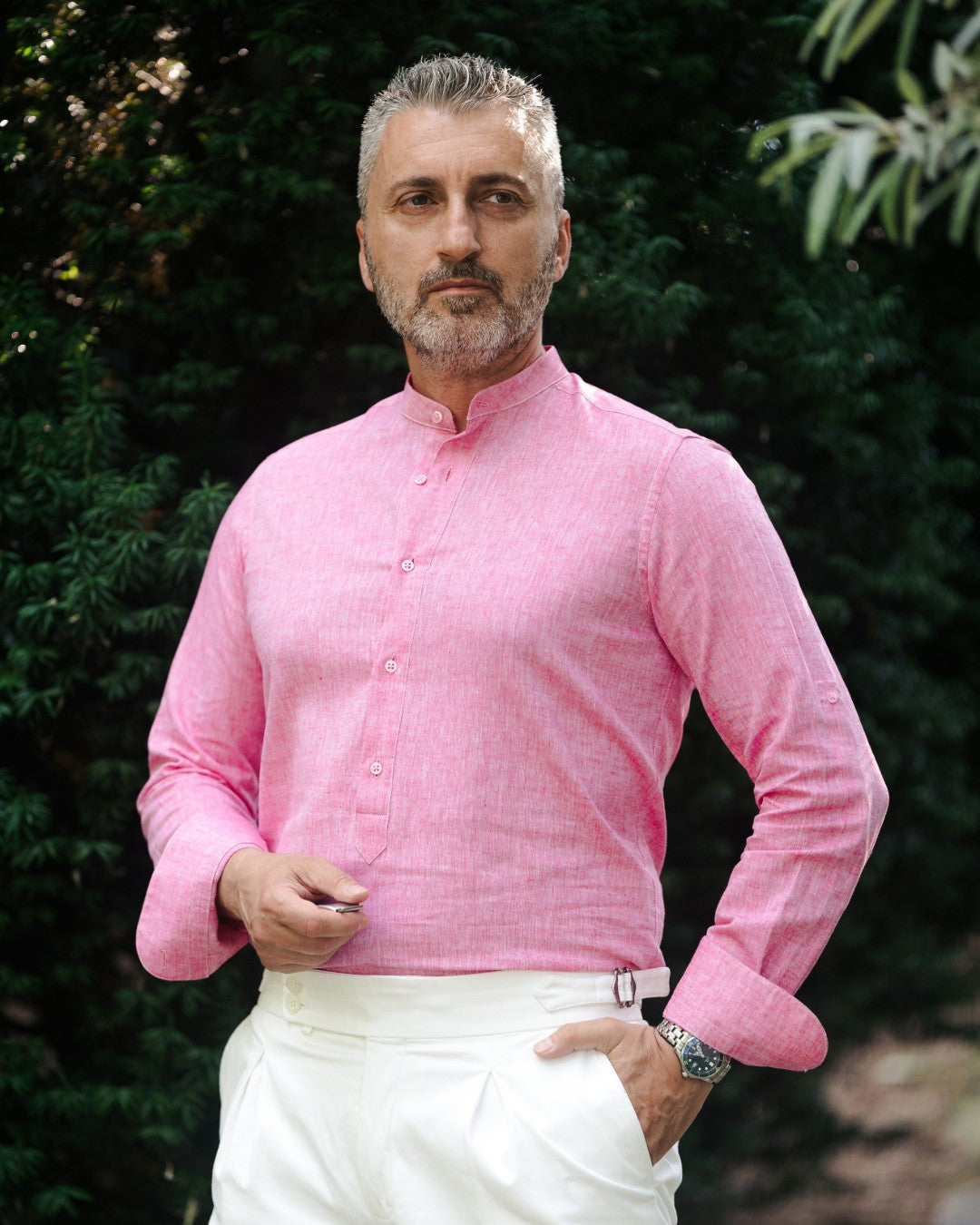 Camasa barbati casual din IN roz cu fenta partiala Merer