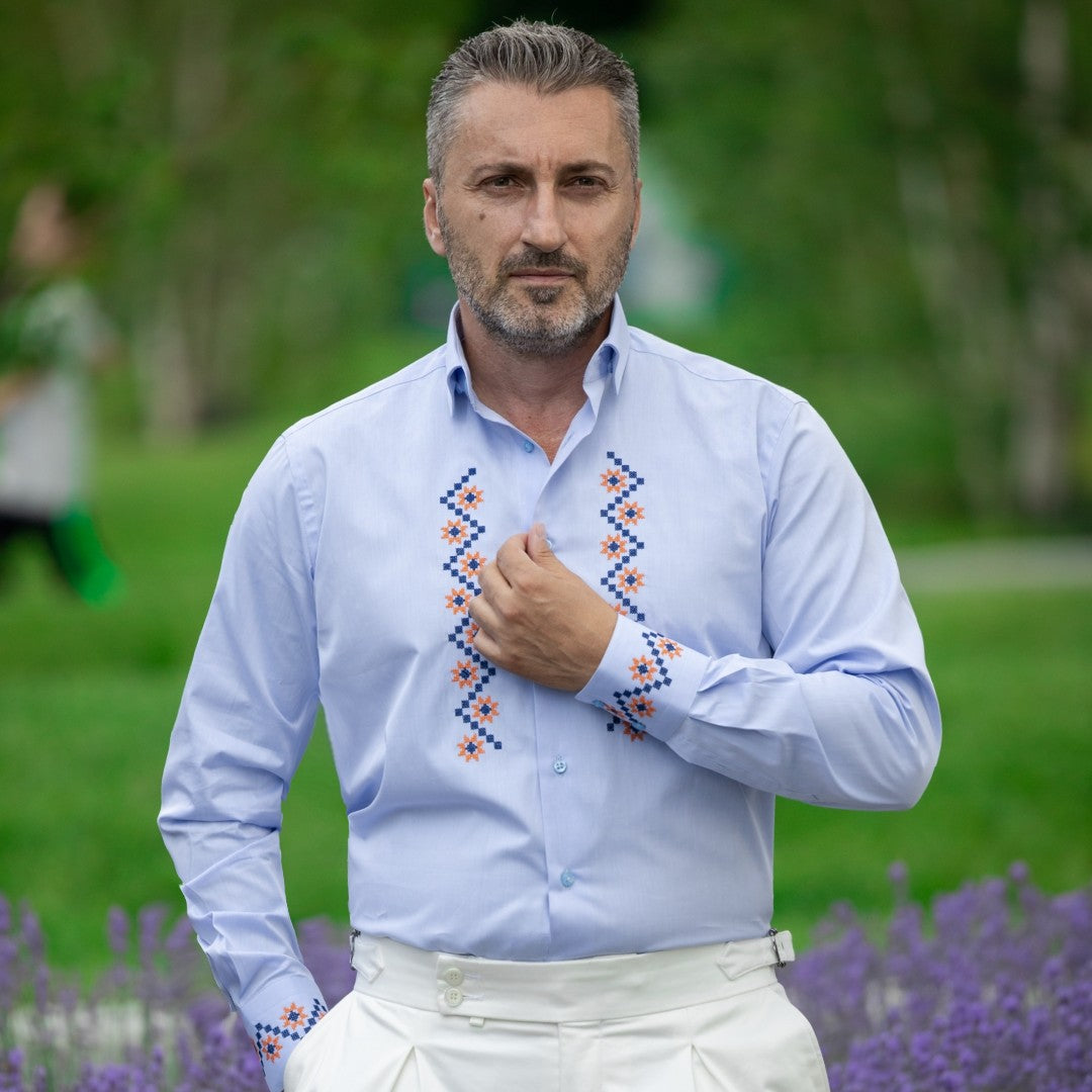 Men's casual blue shirt with traditional motifs and Merer embroidery