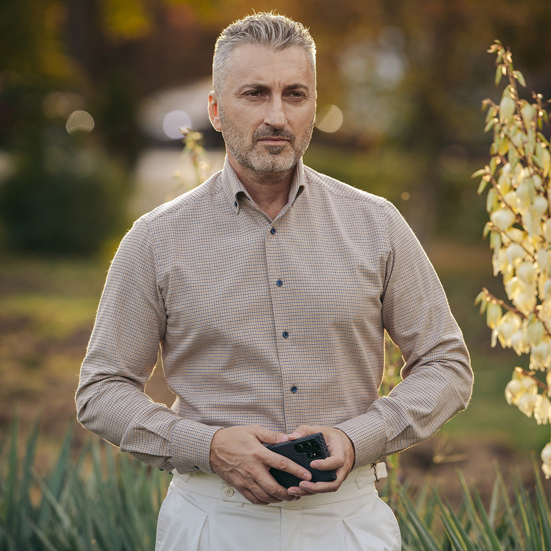 Camasa barbati casual model fin orange-bleumarin Merer