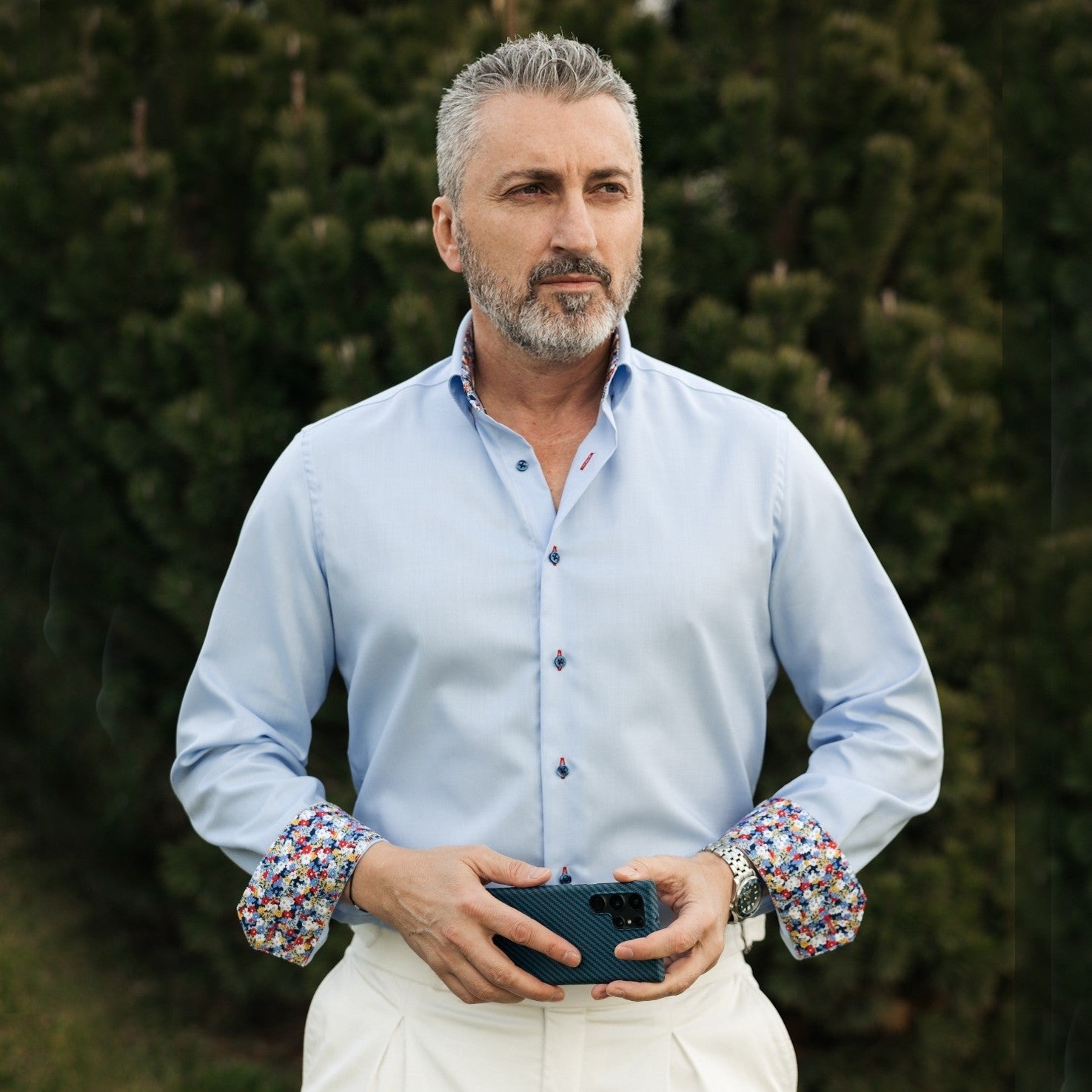 Camasa barbati bleu business casual cu garnituri florale Merer