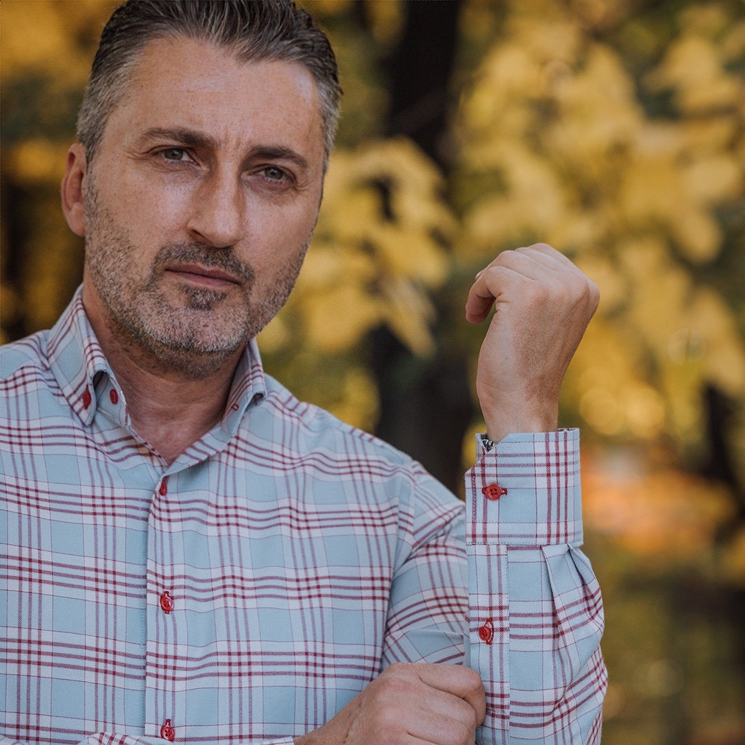 Men's casual blue shirt with red checks Merer