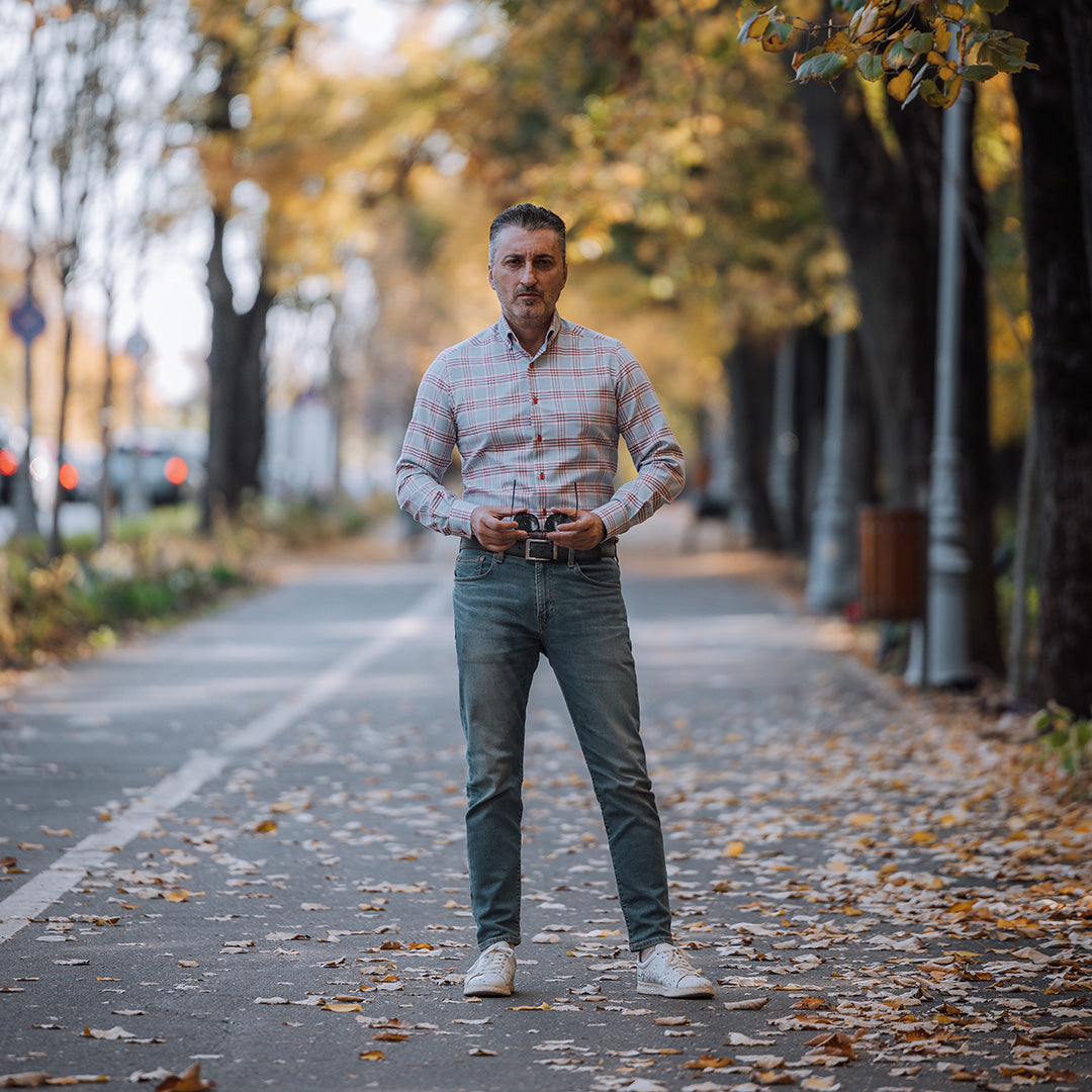 Men's casual blue shirt with red checks Merer