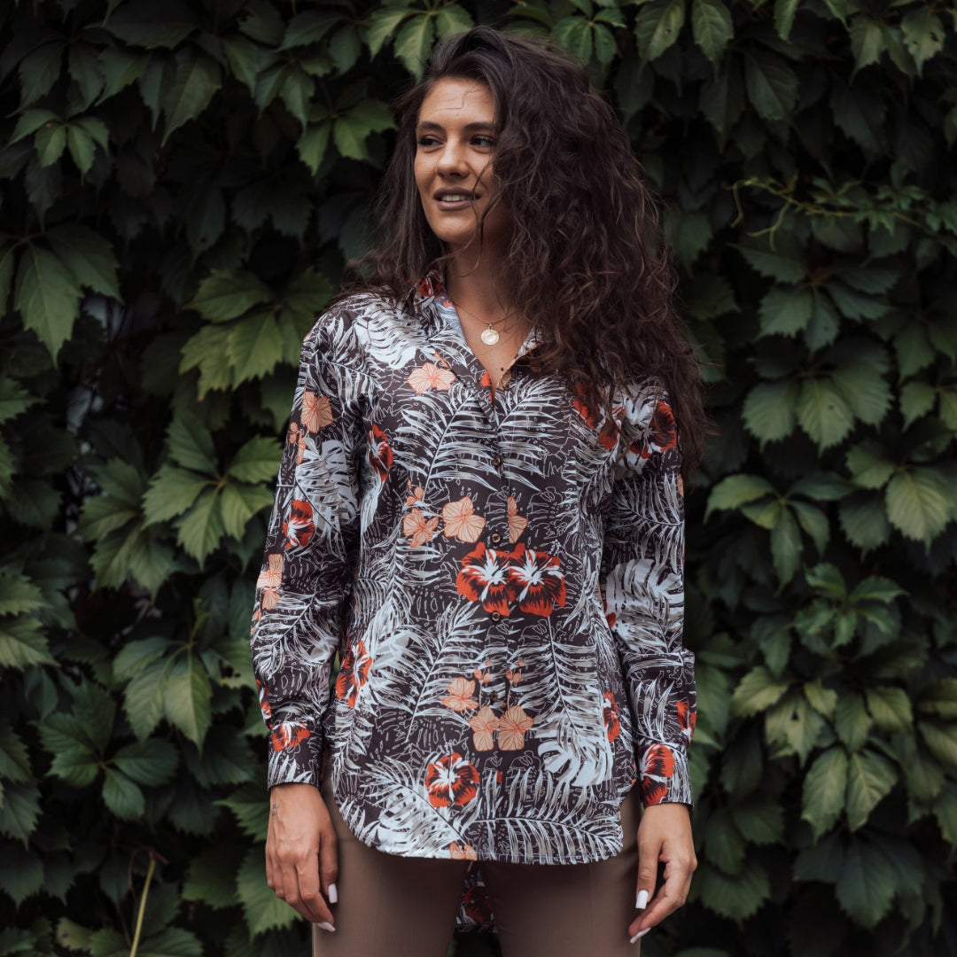 Camasa femei alba oversize model maro-caramiziu Merer